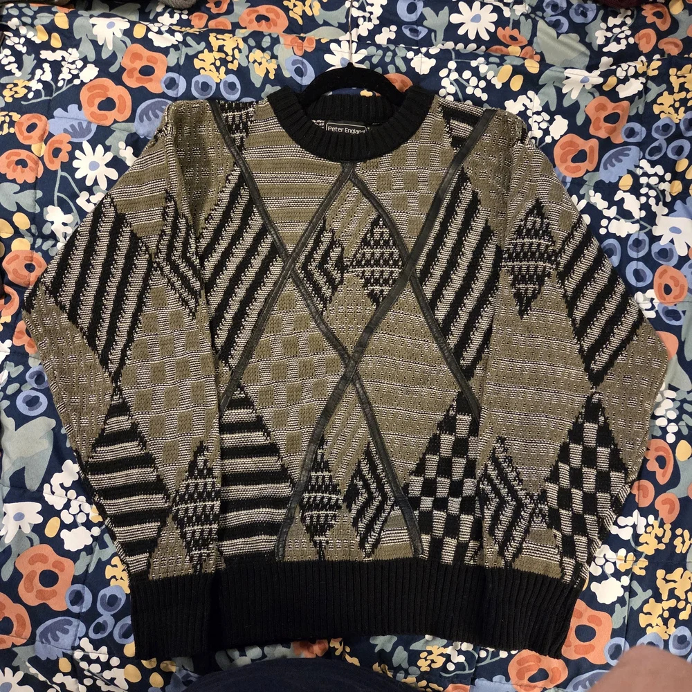 Peter England Sweater - Leather Accents! Black and Olive - Picture 3 of 14